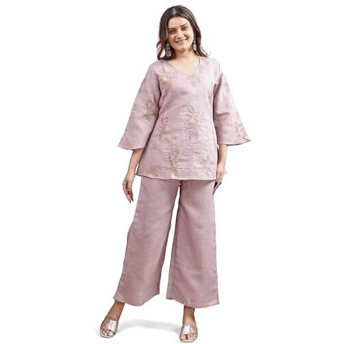 Womanista Women's Mauve Colour Linen Contrast Thread Embroidery top with Palazo Set(Co-ords_9067_XXL)