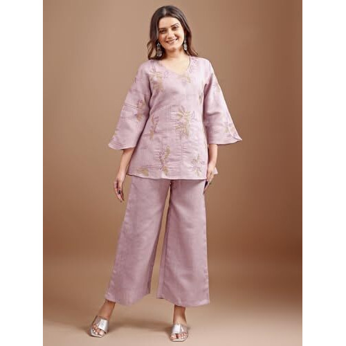 Womanista Women's Mauve Colour Linen Contrast Thread Embroidery top with Palazo Set(Co-ords_9067_XXL)