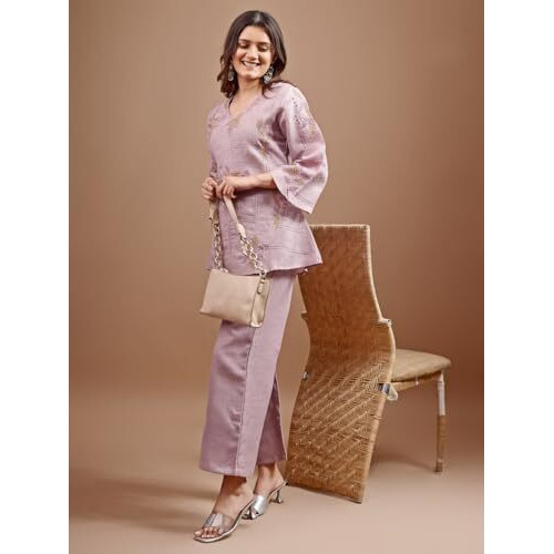 Womanista Women's Mauve Colour Linen Contrast Thread Embroidery top with Palazo Set(Co-ords_9067_XXL)