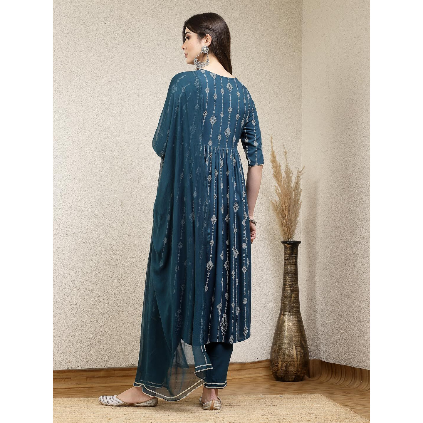 Stylum Women's Printed & Embroidered Rayon Naira Cut Kurta Pant Dupatta Set (KPDGERMANTEAL40_Teal, L)