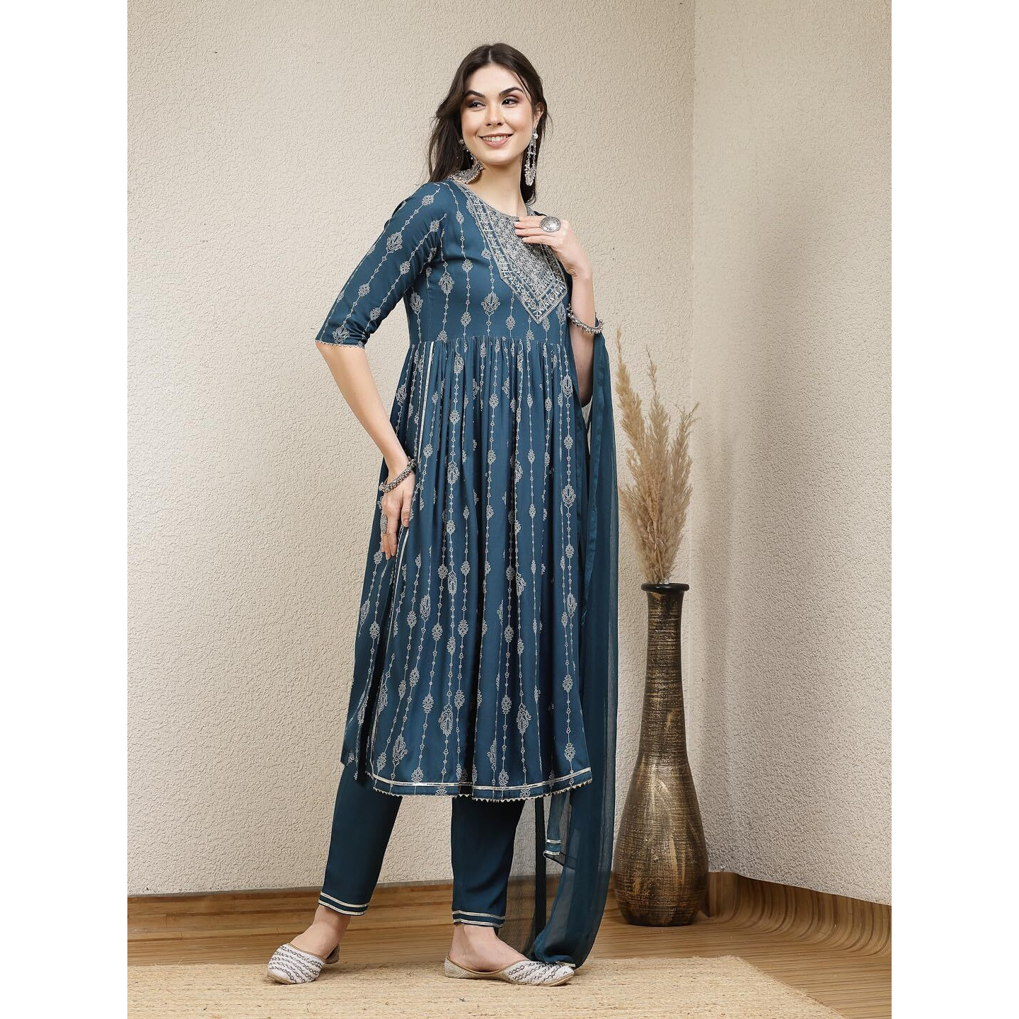 Stylum Women's Printed & Embroidered Rayon Naira Cut Kurta Pant Dupatta Set (KPDGERMANTEAL40_Teal, L)