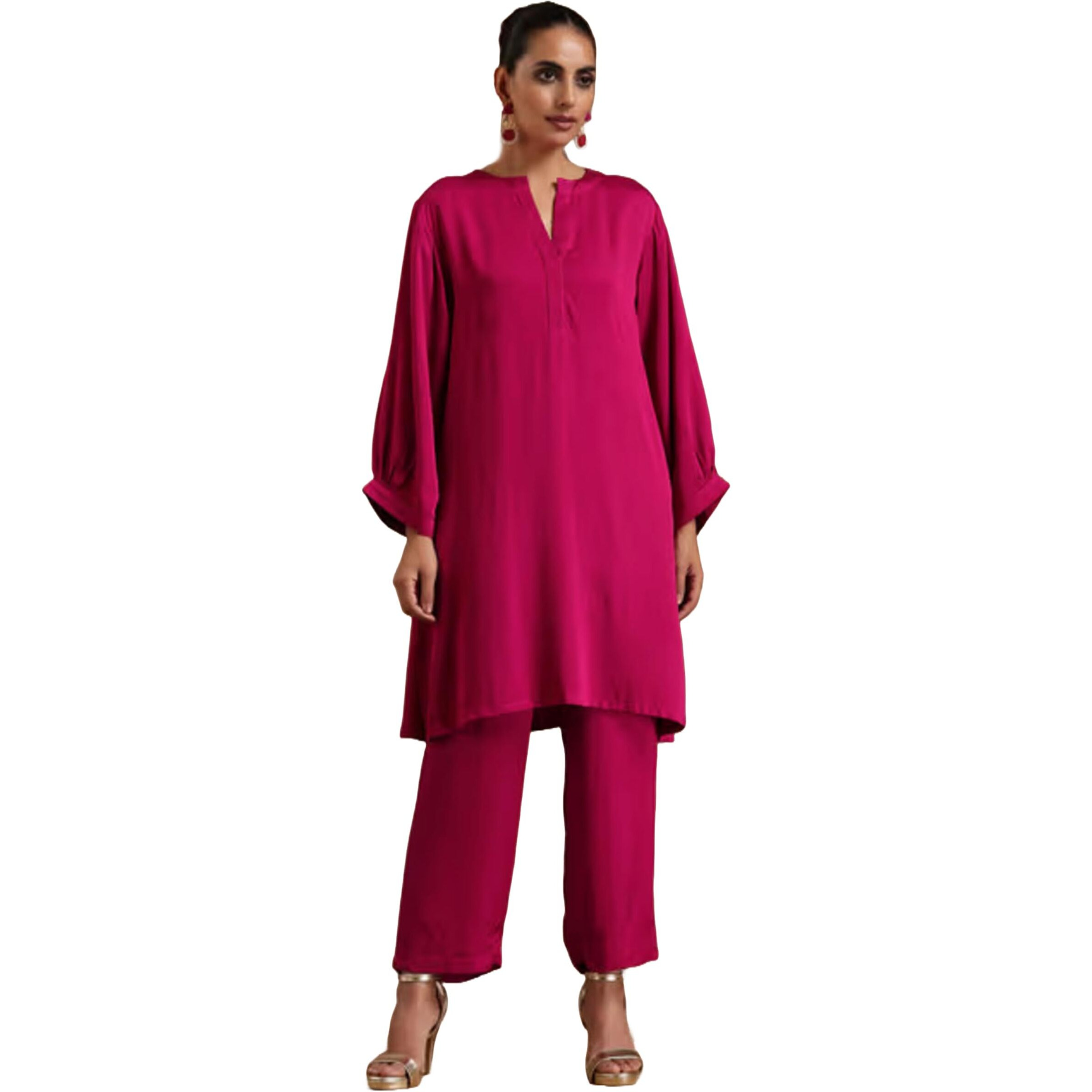 Modestouze Attires Women's Knee Length Oversized V Neck Cuffed Sleeves Kurti And Pant Set (Rani) (MAK91)
