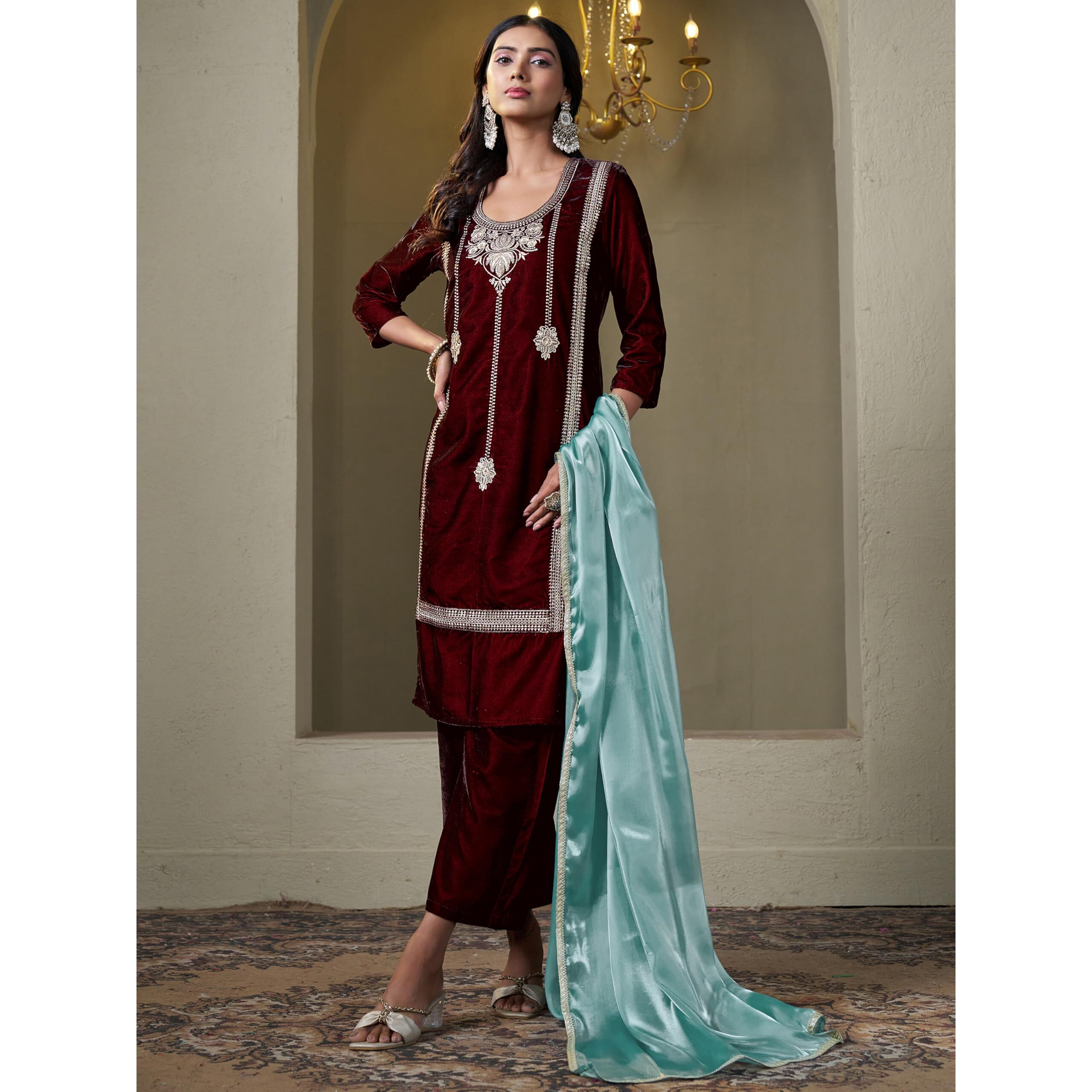 Youthnic Women's Brown Velvet Embroidery Straight Kurta Pant with Dupatta Set