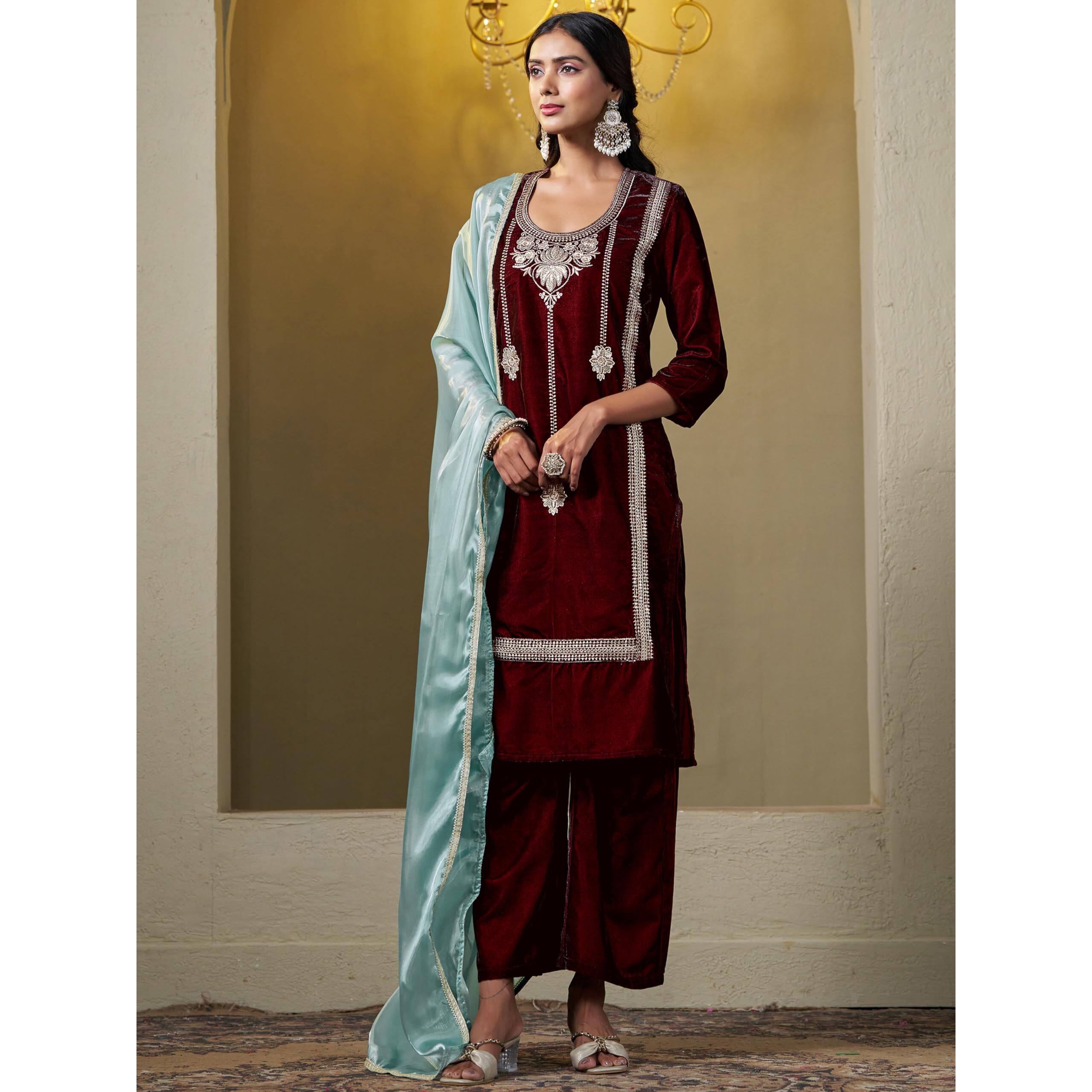Youthnic Women's Brown Velvet Embroidery Straight Kurta Pant with Dupatta Set