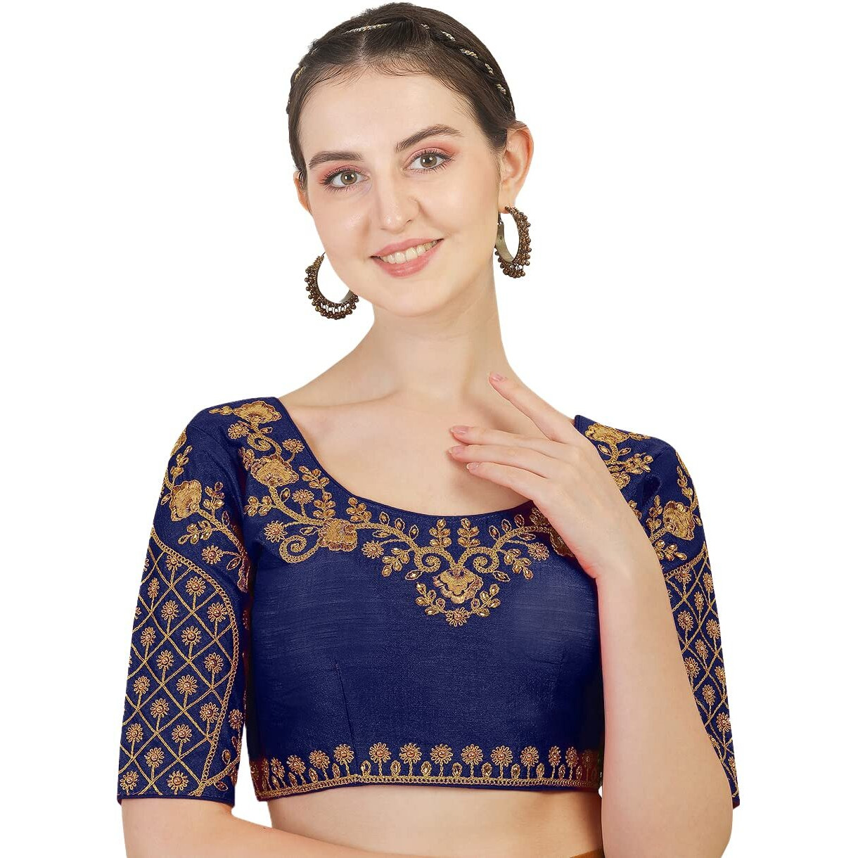 Vihu Fashion Women's Phantom Silk Multicolour Floral Design Hand Embroidery Gold Thread and Stone Work Readymade Blouse for Saree and Lehenga Choli (Dark Navy, Size 38+Margin) - Half Sleeve
