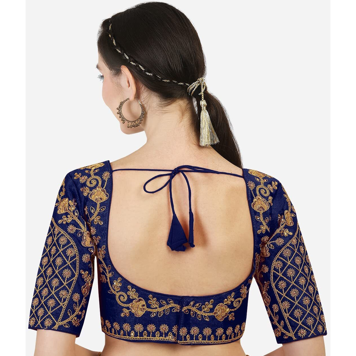 Vihu Fashion Women's Phantom Silk Multicolour Floral Design Hand Embroidery Gold Thread and Stone Work Readymade Blouse for Saree and Lehenga Choli (Dark Navy, Size 38+Margin) - Half Sleeve