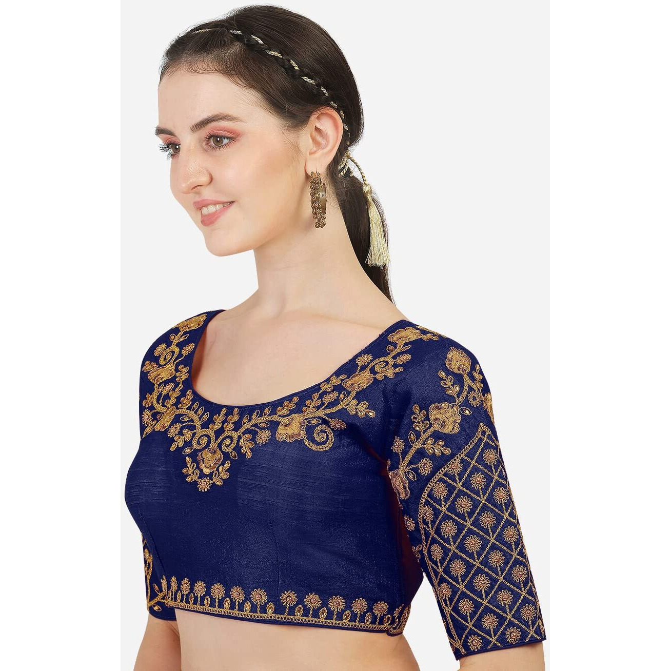 Vihu Fashion Women's Phantom Silk Multicolour Floral Design Hand Embroidery Gold Thread and Stone Work Readymade Blouse for Saree and Lehenga Choli (Dark Navy, Size 38+Margin) - Half Sleeve