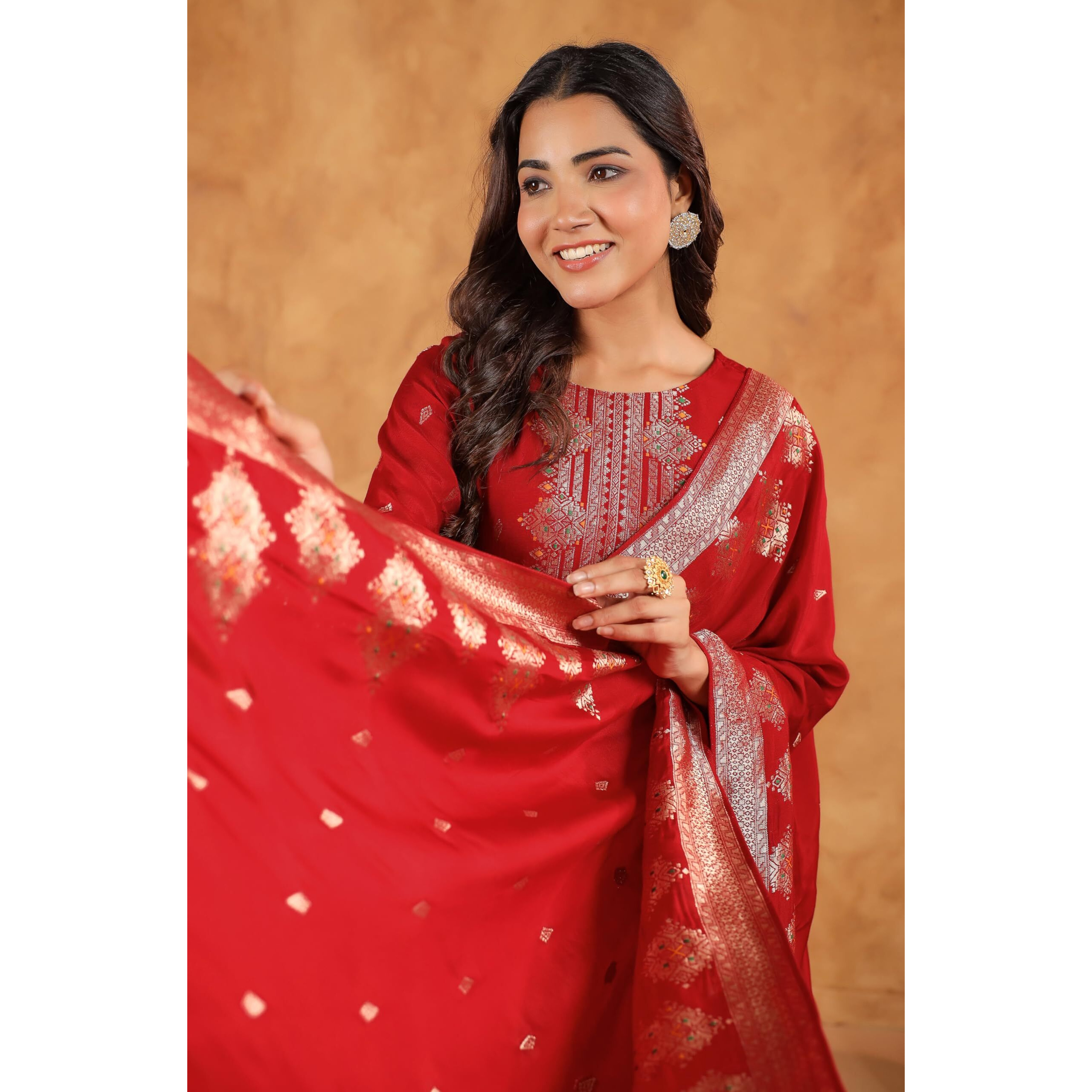 Janasya Women's Maroon Silk Blend Jacquard Paithani Style Straight Kurta Set (JAC24ST01705-XL)
