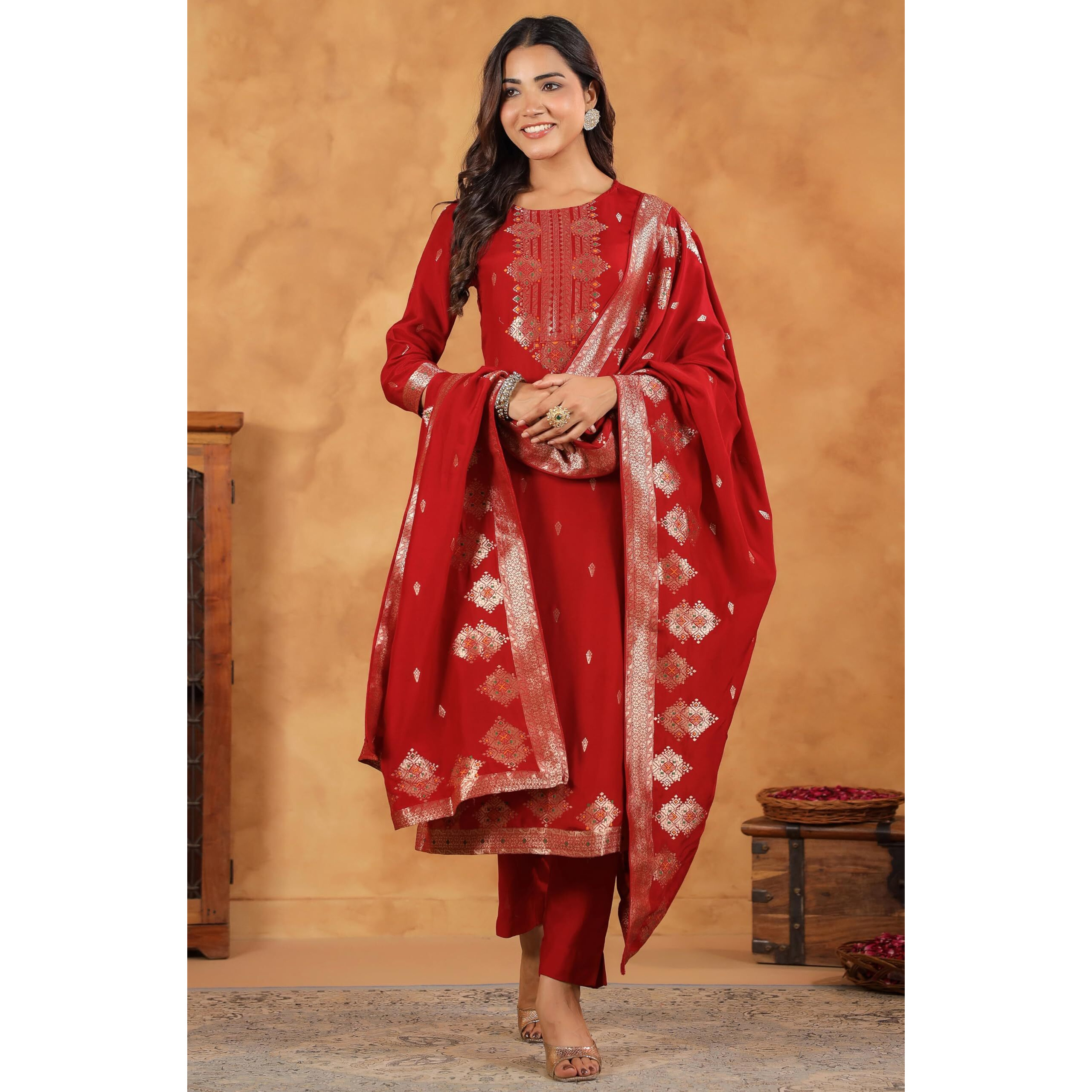 Janasya Women's Maroon Silk Blend Jacquard Paithani Style Straight Kurta Set (JAC24ST01705-XL)