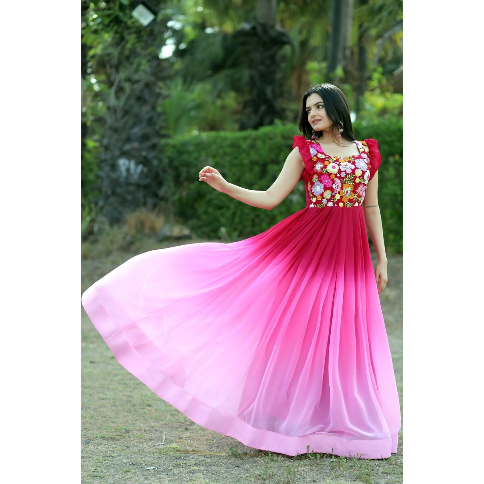 FOXDX Women's Georgette Digital Printed Gown & Maxi Traditional Ethnic Long Anarkali Long Kurti (Large, Pink)