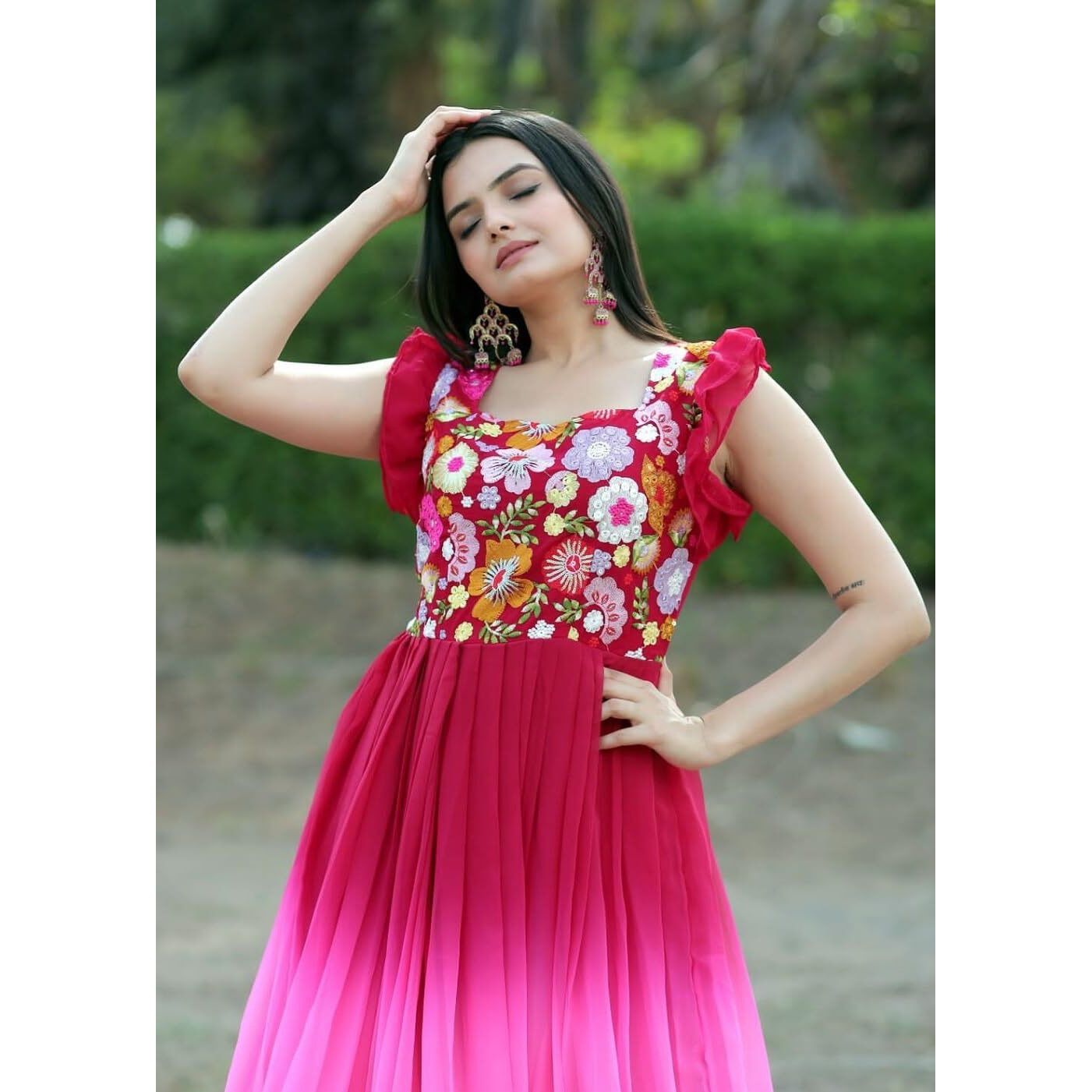 FOXDX Women's Georgette Digital Printed Gown & Maxi Traditional Ethnic Long Anarkali Long Kurti (Large, Pink)