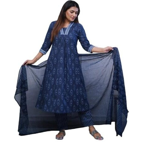 Alvami Women Anarkali Kurta and Pant Set with Dupatta (XL) Blue
