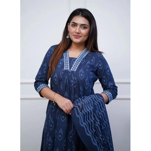 Alvami Women Anarkali Kurta and Pant Set with Dupatta (XL) Blue