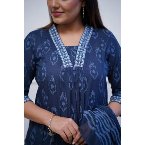 Alvami Women Anarkali Kurta and Pant Set with Dupatta (XL) Blue