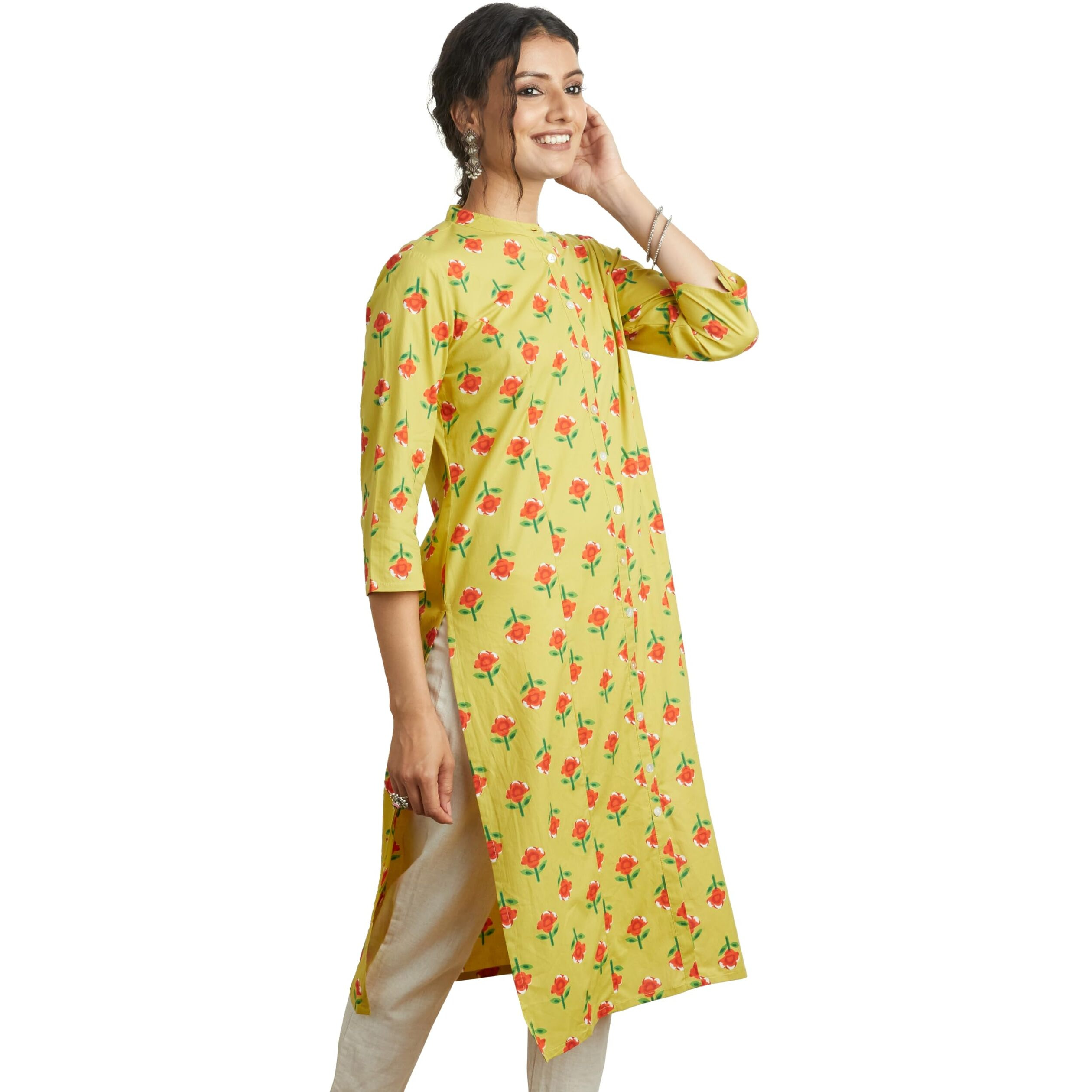 Amazon Brand - Myx Women's Cotton Printed Regular Kurti (PAG 102_LAAL GULAB (Green) _m)