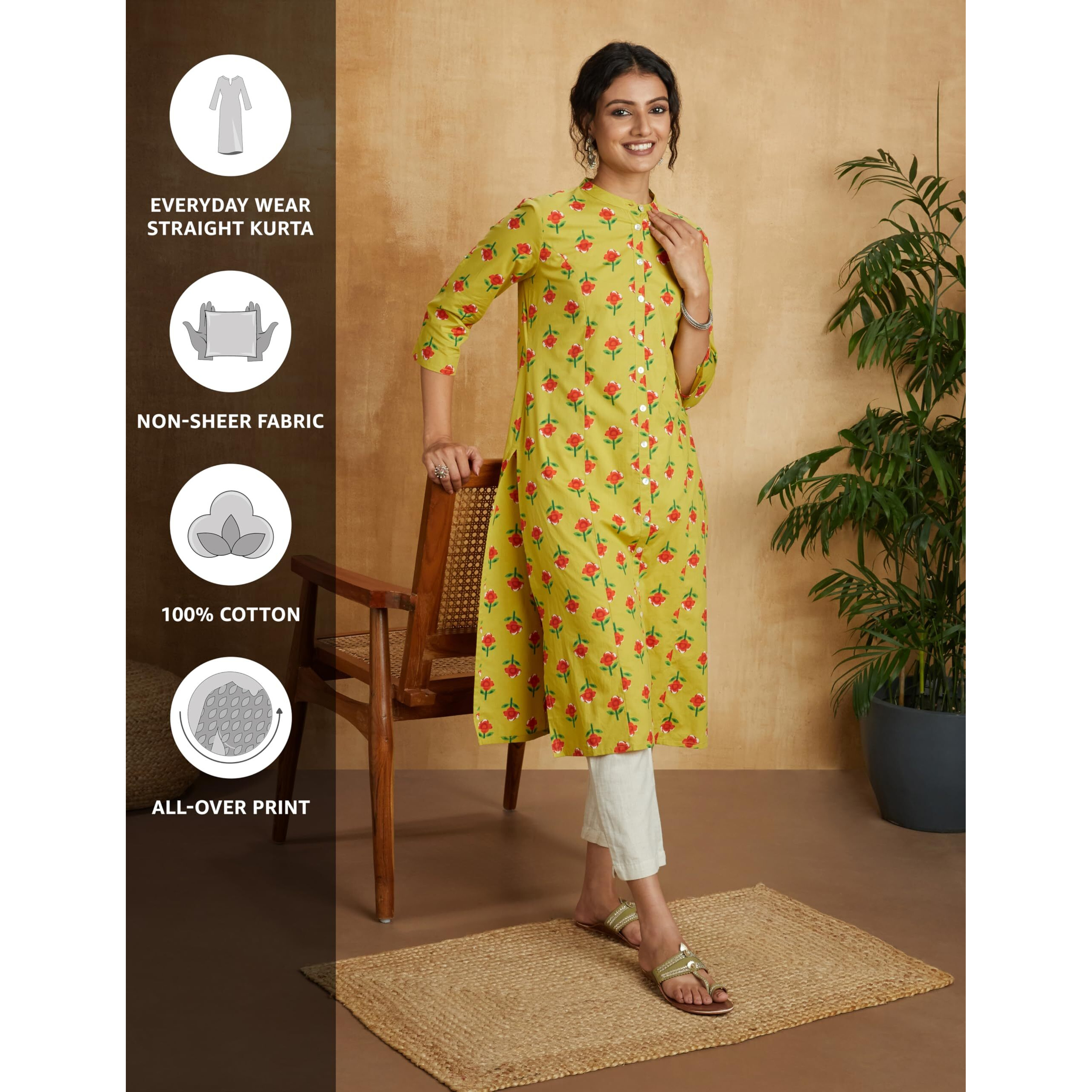 Amazon Brand - Myx Women's Cotton Printed Regular Kurti (PAG 102_LAAL GULAB (Green) _m)