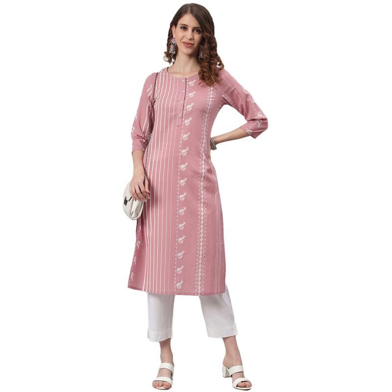 Janasya Women's Pastel Pink Cotton Animal Print Straight Kurta(JNE3697-KR-J-L)