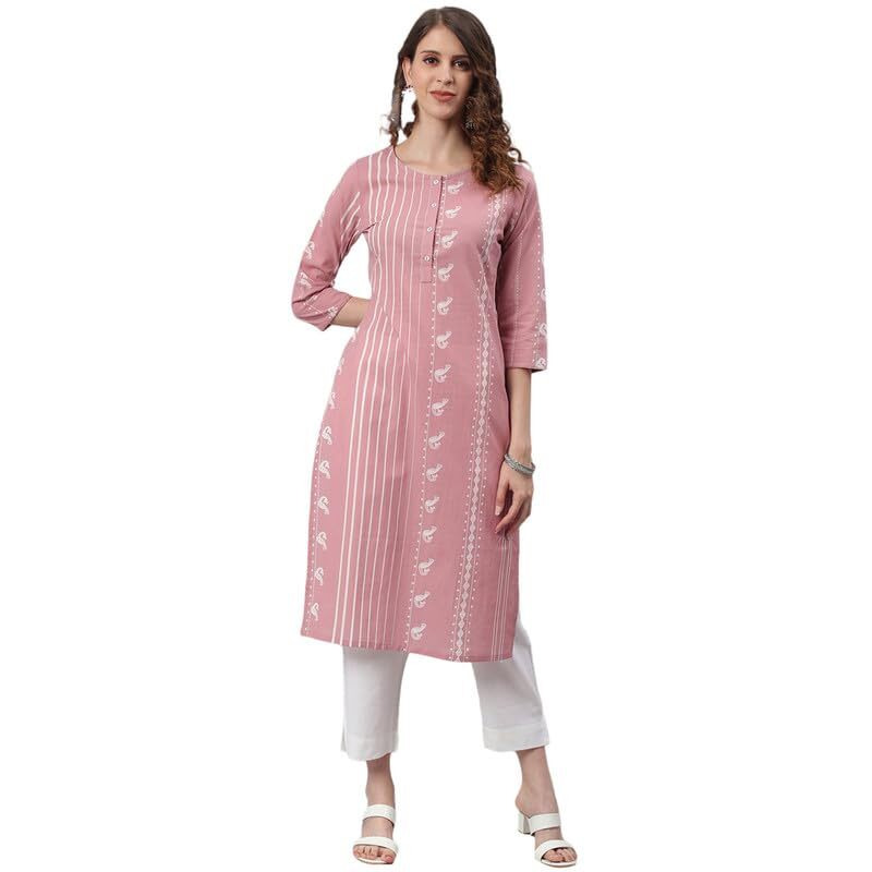 Janasya Women's Pastel Pink Cotton Animal Print Straight Kurta(JNE3697-KR-J-L)