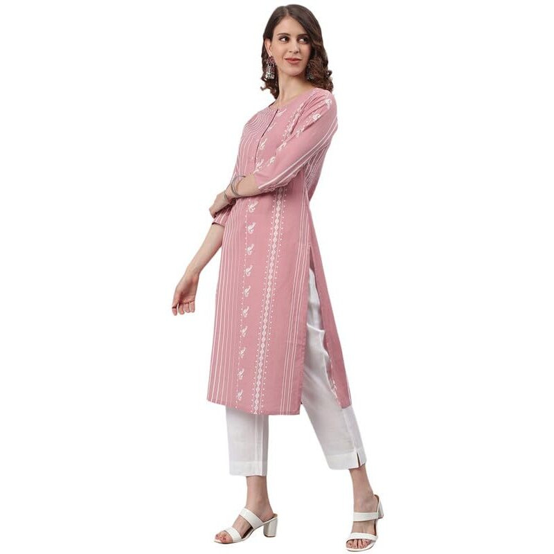 Janasya Women's Pastel Pink Cotton Animal Print Straight Kurta(JNE3697-KR-J-L)