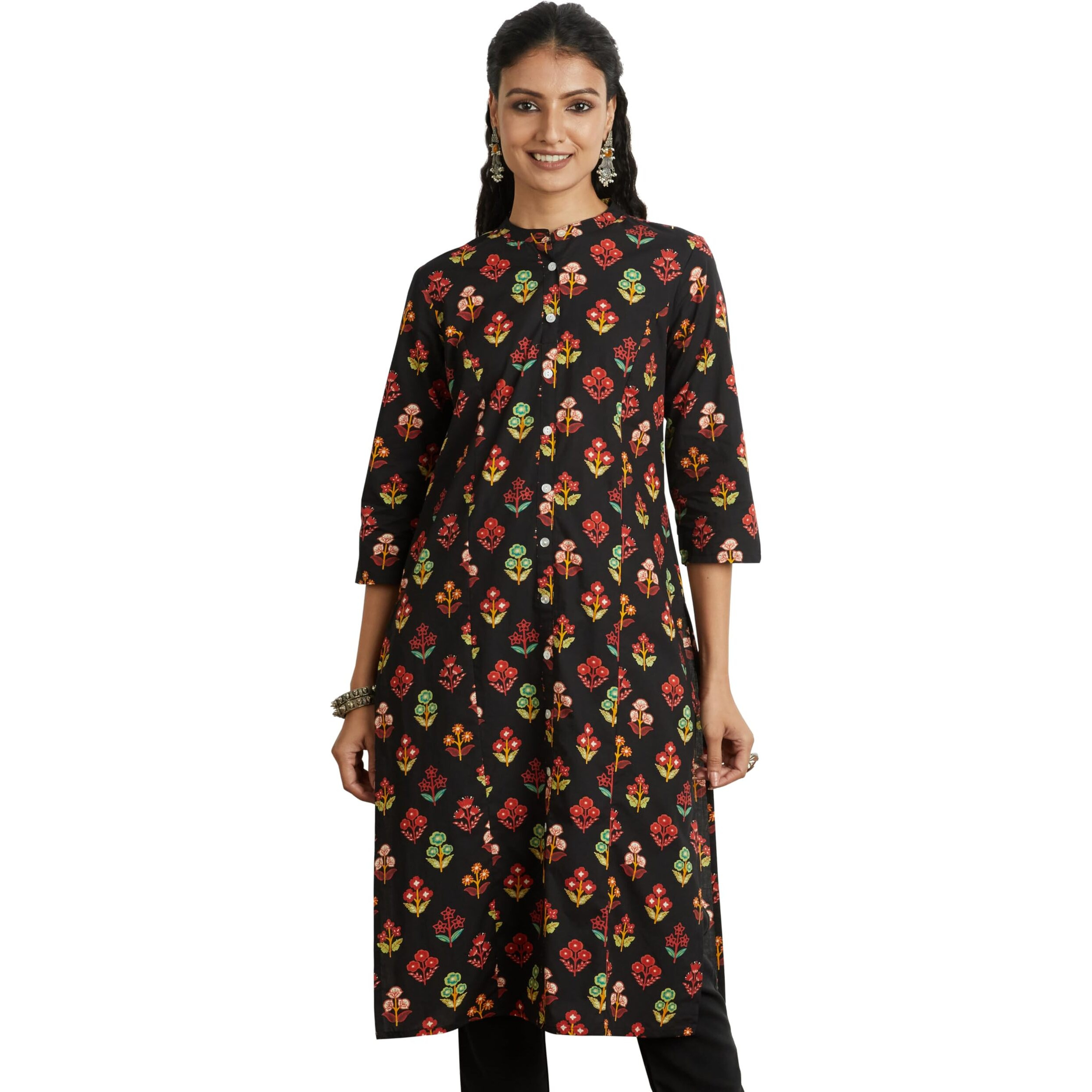 Amazon Brand - Myx Women's Cotton Printed Regular Kurti (PAG 102_Shahi BAGAAN (Black) _l)