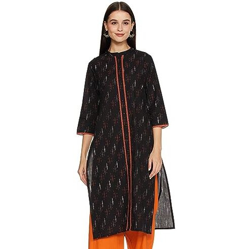 Amazon Brand - Myx Women's Cotton Regular Kurti (PAG 33_Black Ikat_Large)