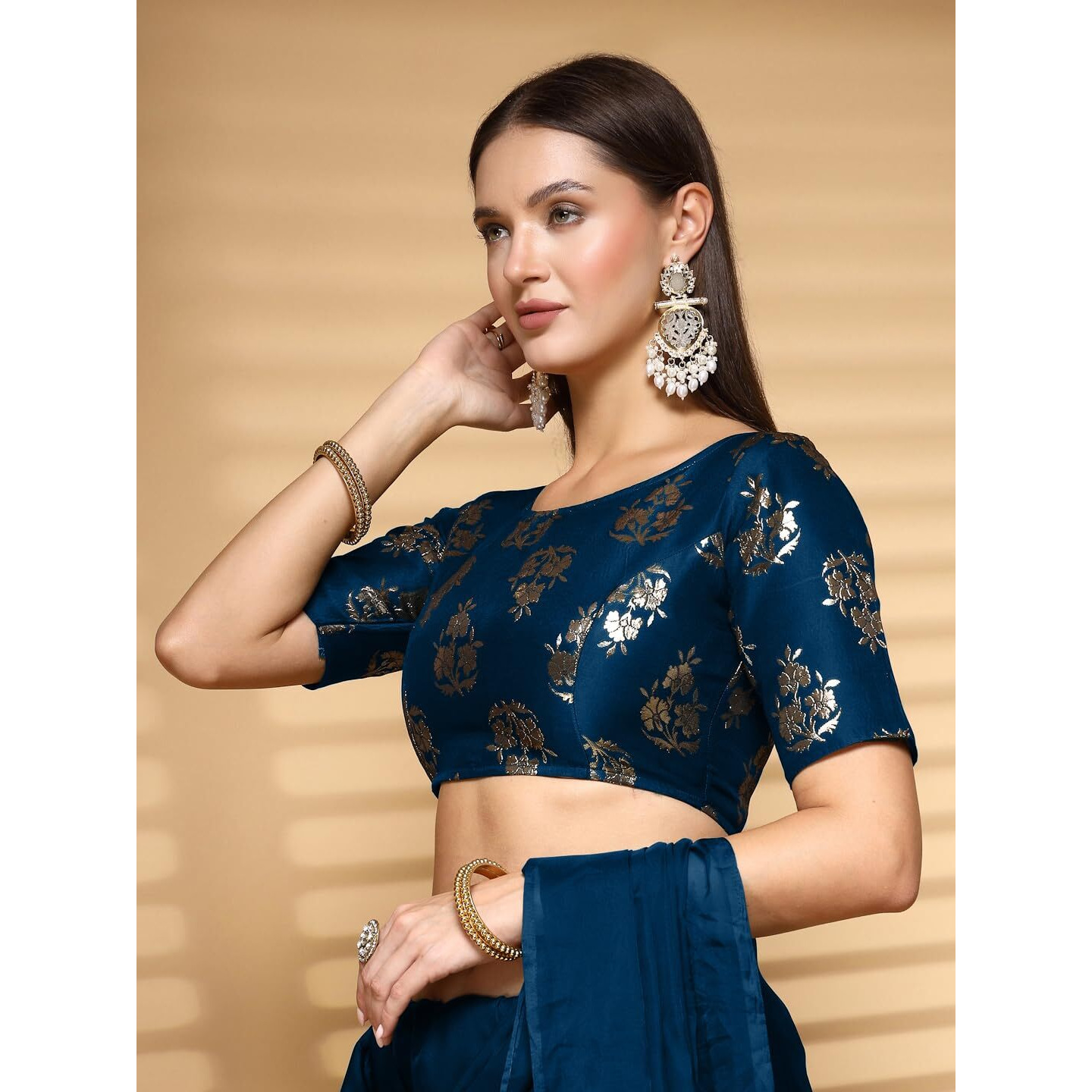 OOMPH Readymade Blouse for Women, Brocade, Boat Neck, rbbl644