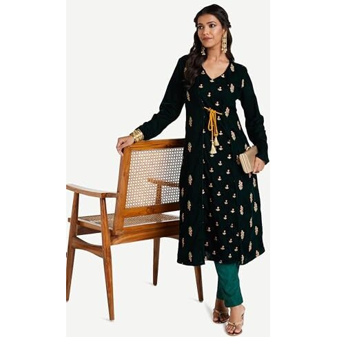Amazon Brand - Myx Women's Polyester Regular Kurta (AW23-MYX-KB-SKD-02_Emerald BUTI_S)