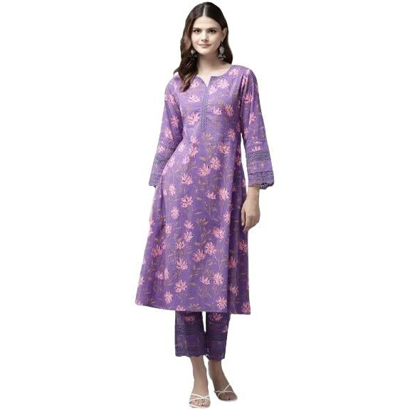 YUFTA Purple Pure Cotton kurta set with embroidery Kurta Trouser Set 1796SETPRS