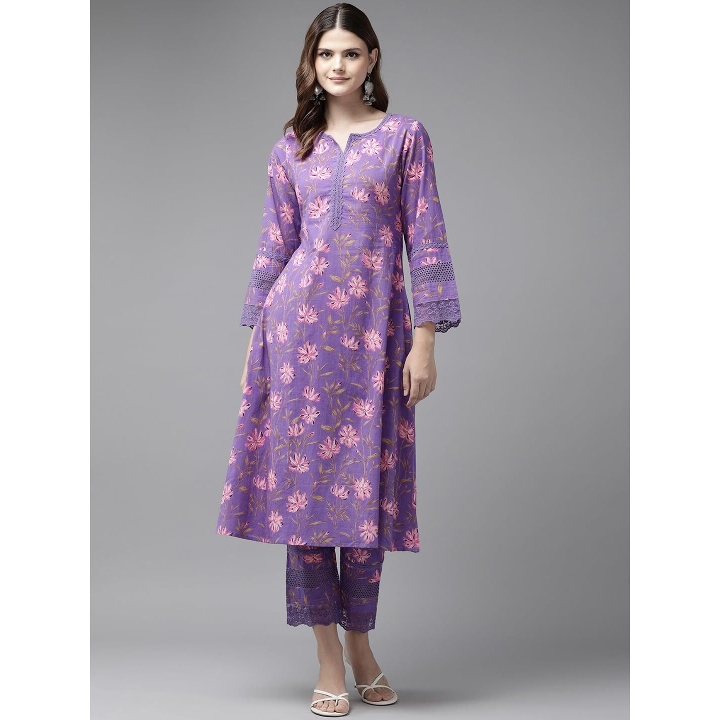 YUFTA Purple Pure Cotton kurta set with embroidery Kurta Trouser Set 1796SETPRS