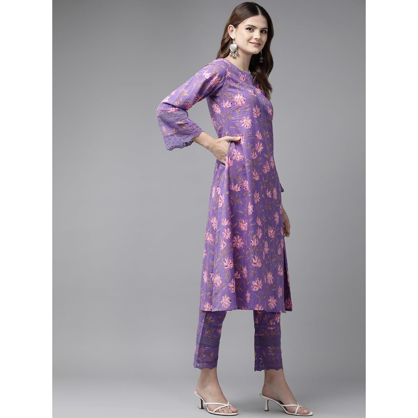 YUFTA Purple Pure Cotton kurta set with embroidery Kurta Trouser Set 1796SETPRS