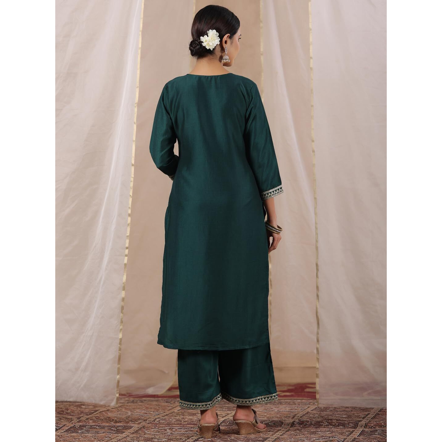 ishin Women's Teal Green Zari Work Ethnic Motifs Poly Silk Straight Kurta
