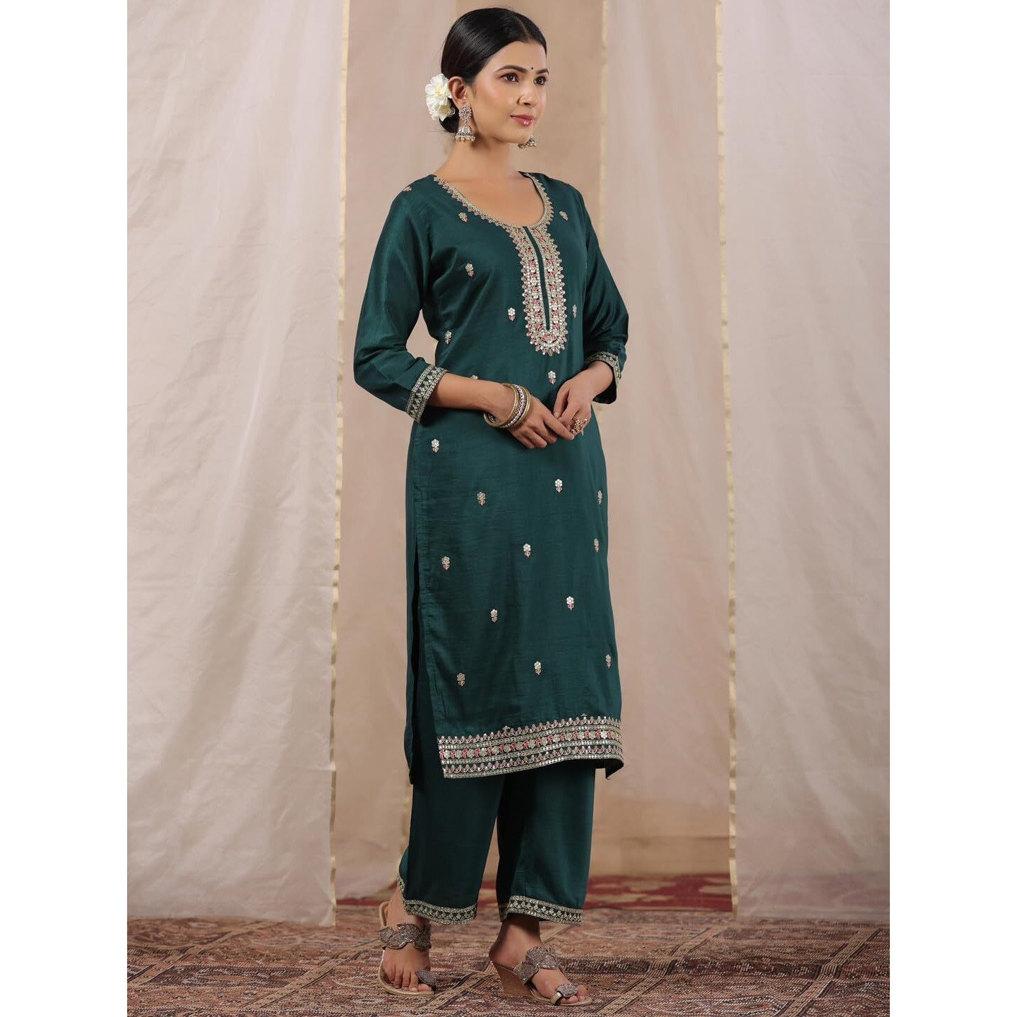 ishin Women's Teal Green Zari Work Ethnic Motifs Poly Silk Straight Kurta