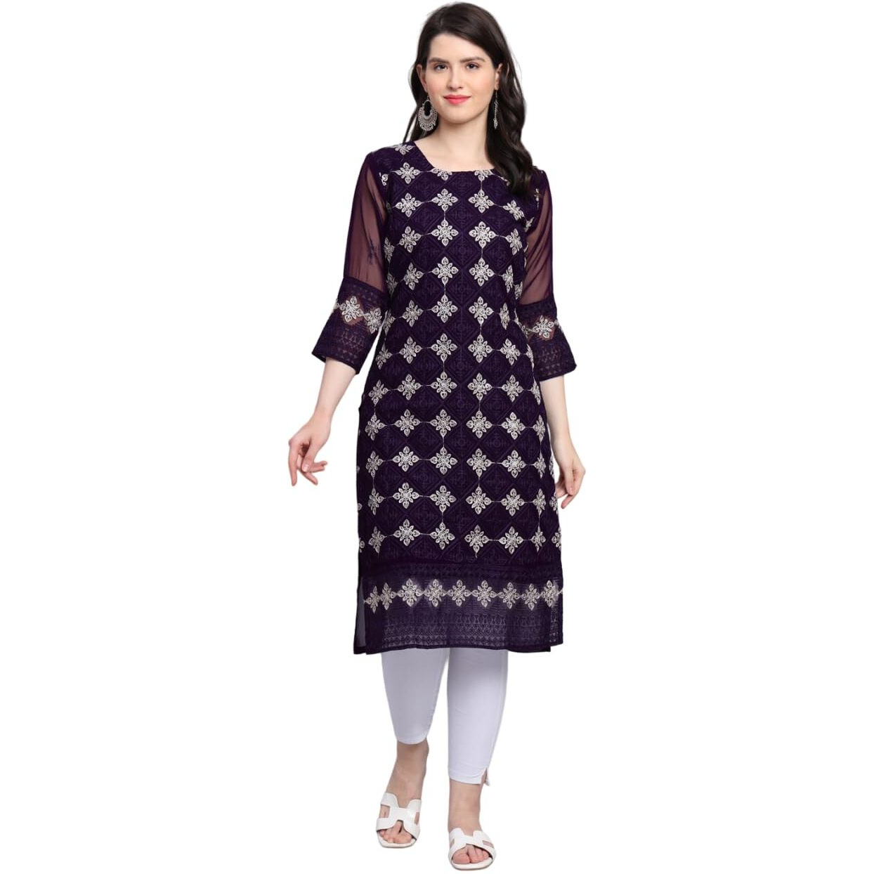 Ekasya Women's Georgette Straight Cut Sweetheart Round Neck Kurta with Beautiful Lucknowi Chickenkari Embroidery Work (E1606) Wine