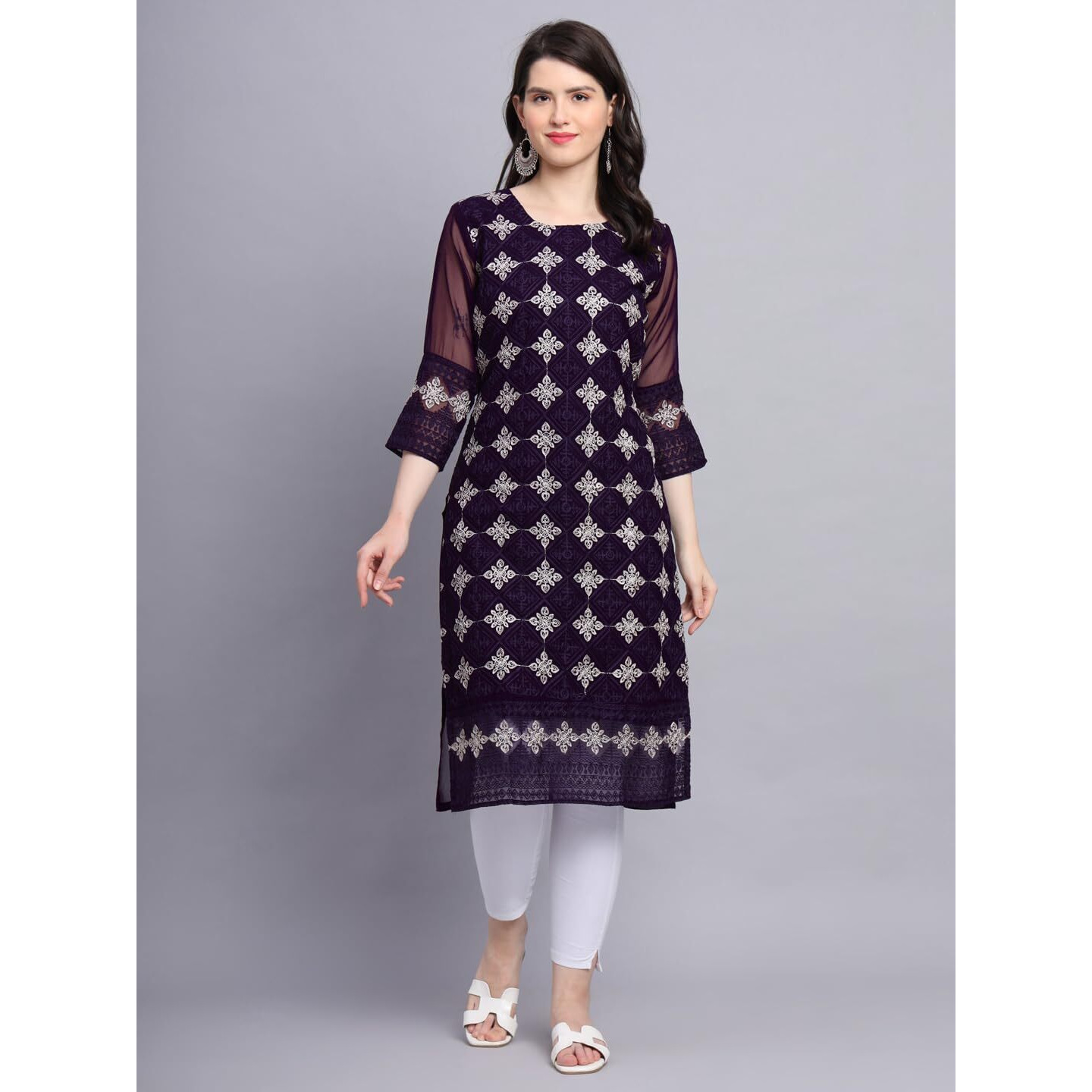 Ekasya Women's Georgette Straight Cut Sweetheart Round Neck Kurta with Beautiful Lucknowi Chickenkari Embroidery Work (E1606) Wine
