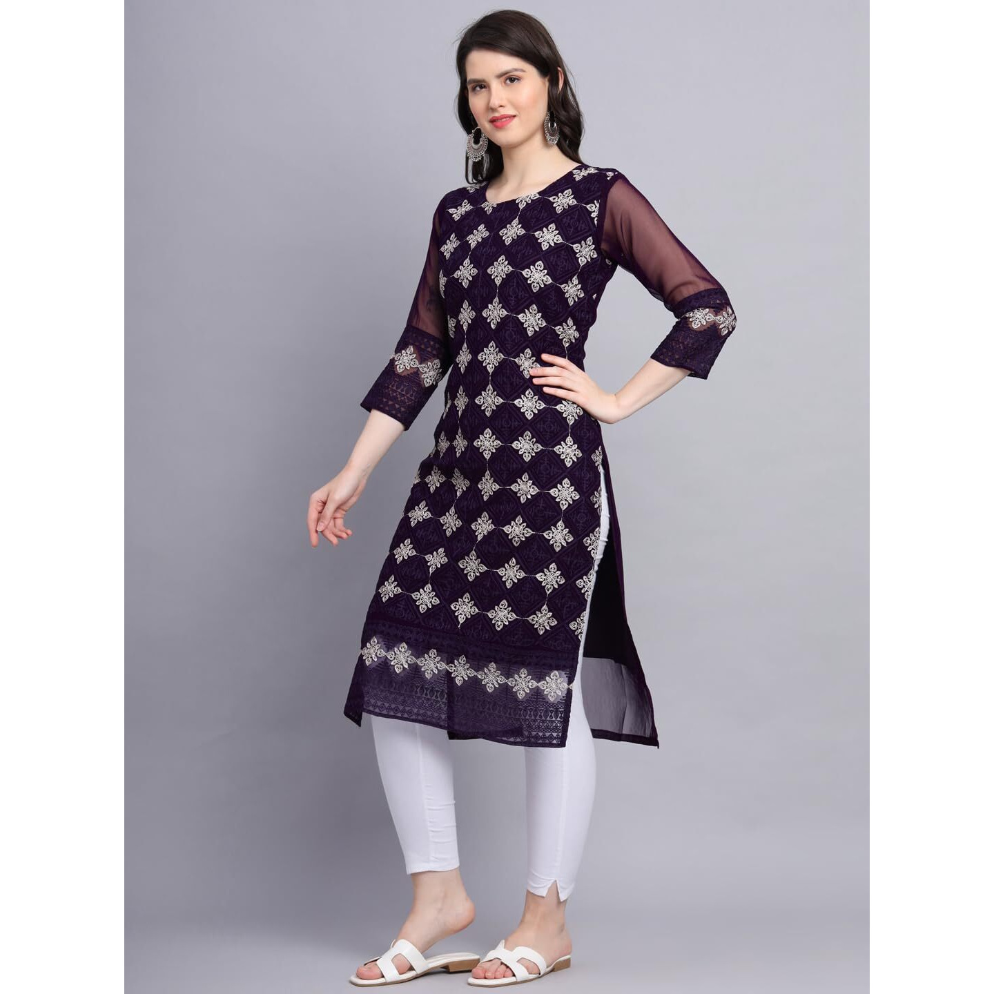 Ekasya Women's Georgette Straight Cut Sweetheart Round Neck Kurta with Beautiful Lucknowi Chickenkari Embroidery Work (E1606) Wine