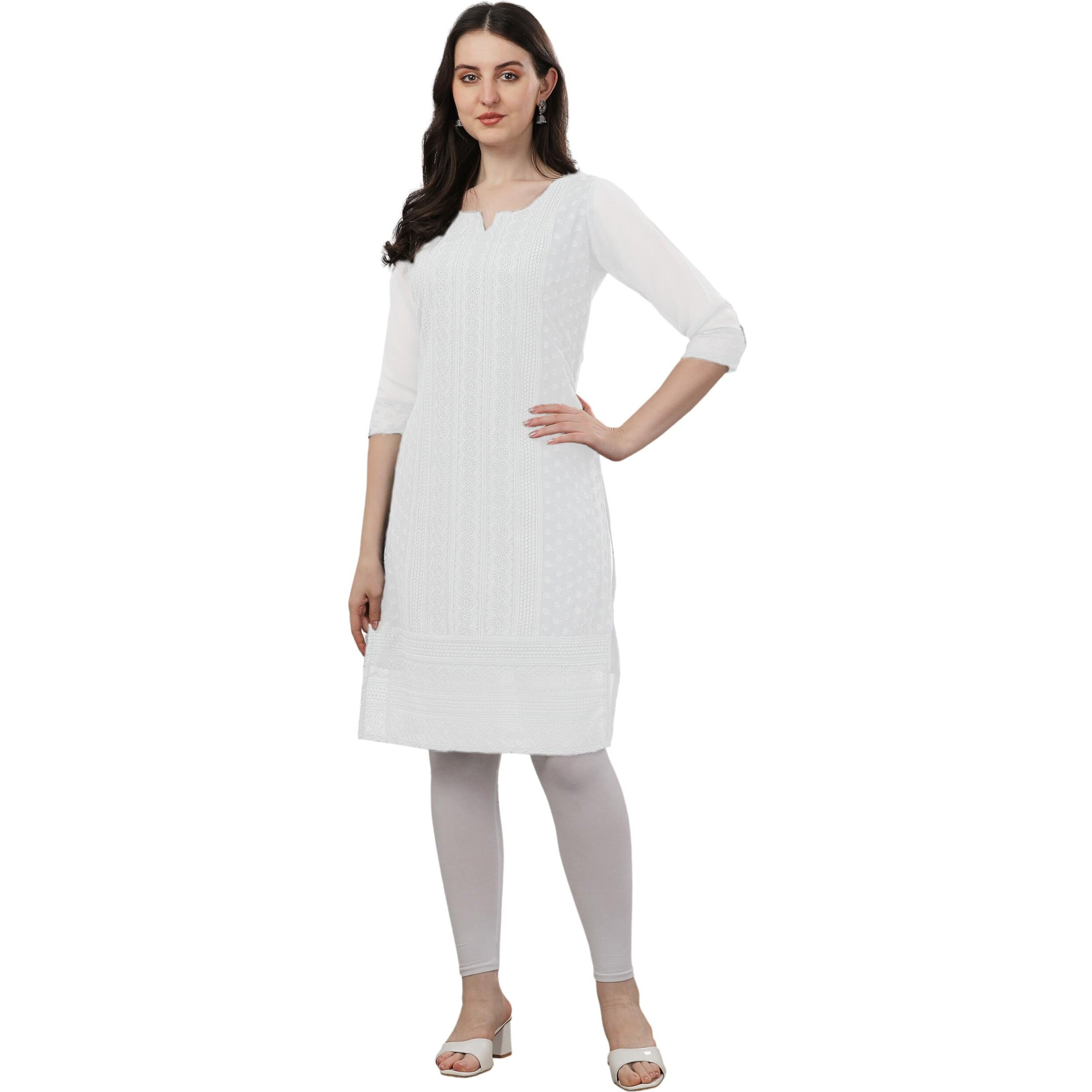 TRILLMIXA Women's Georgette Chikankari Embroidery Knee-Length Kurti for Girls White