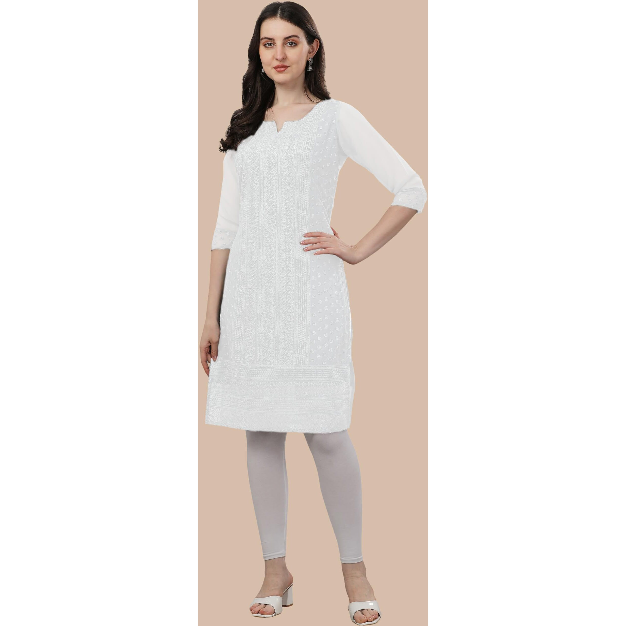 TRILLMIXA Women's Georgette Chikankari Embroidery Knee-Length Kurti for Girls White