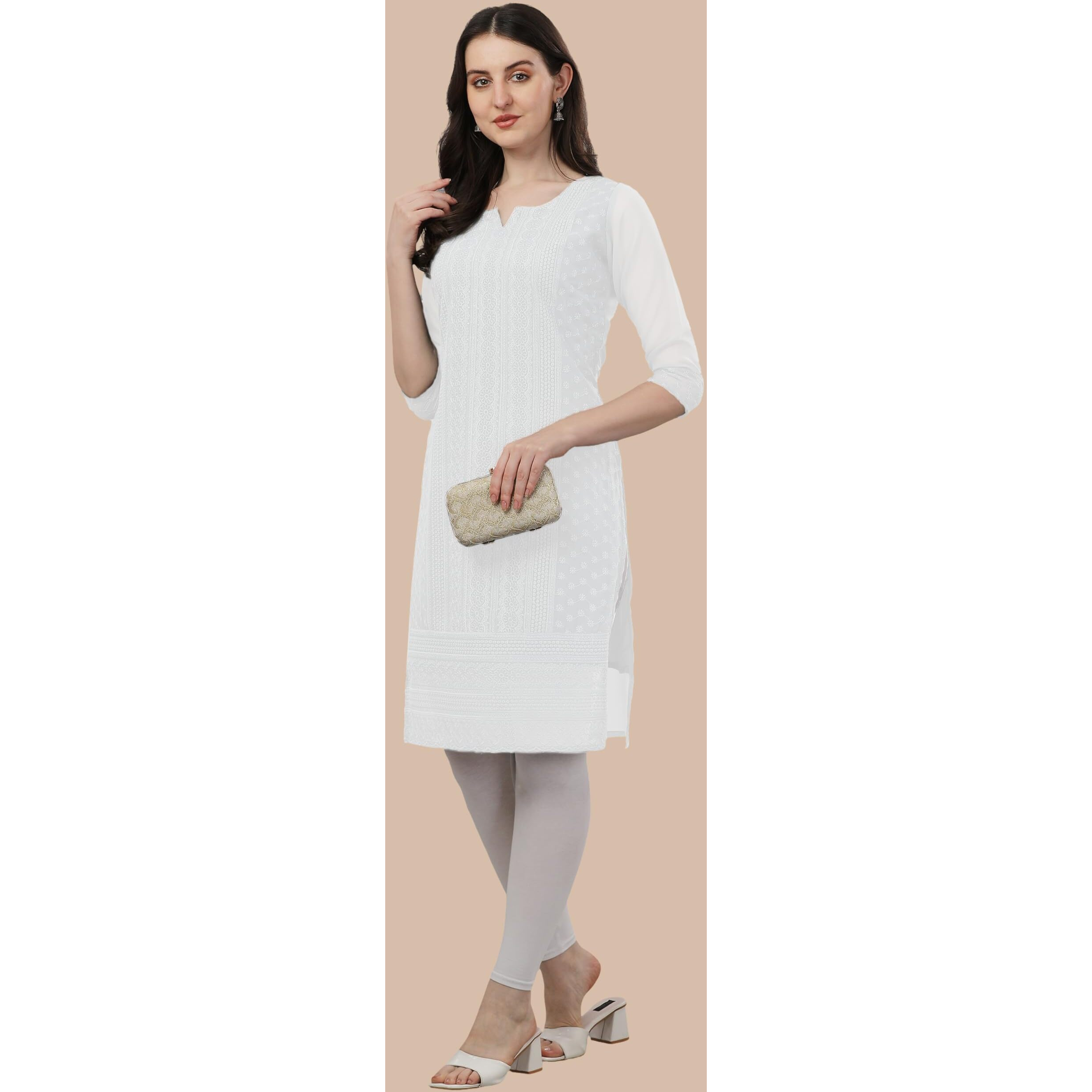 TRILLMIXA Women's Georgette Chikankari Embroidery Knee-Length Kurti for Girls White