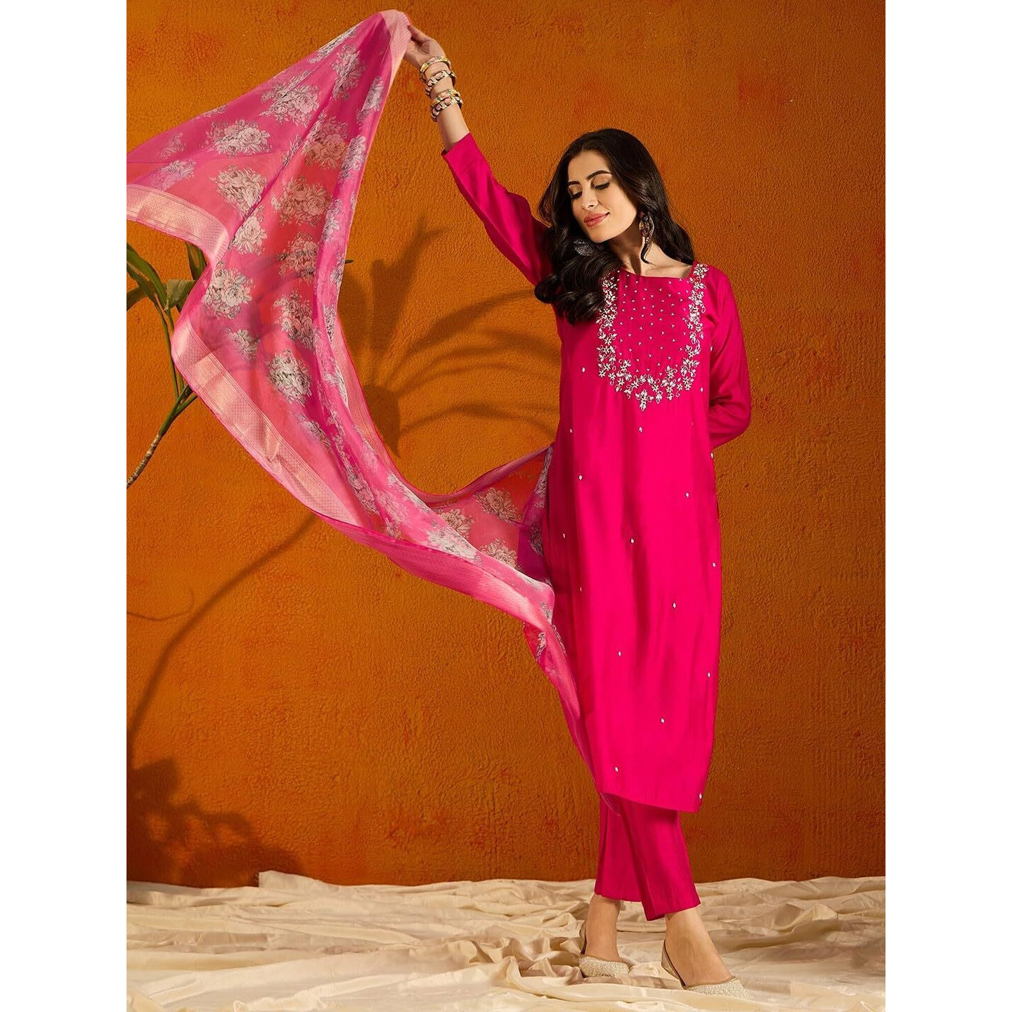 ACINOS Printed Pink Viscose Rayon Fabric Straight Kurta, Pant and Dupatta Set