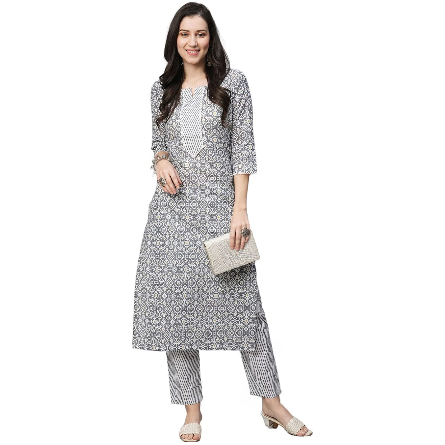 ANNI DESIGNER Women's Cotton Blend Printed Straight Kurta with Pant (Kavi Grey-NwFB08_L_Grey_Large)