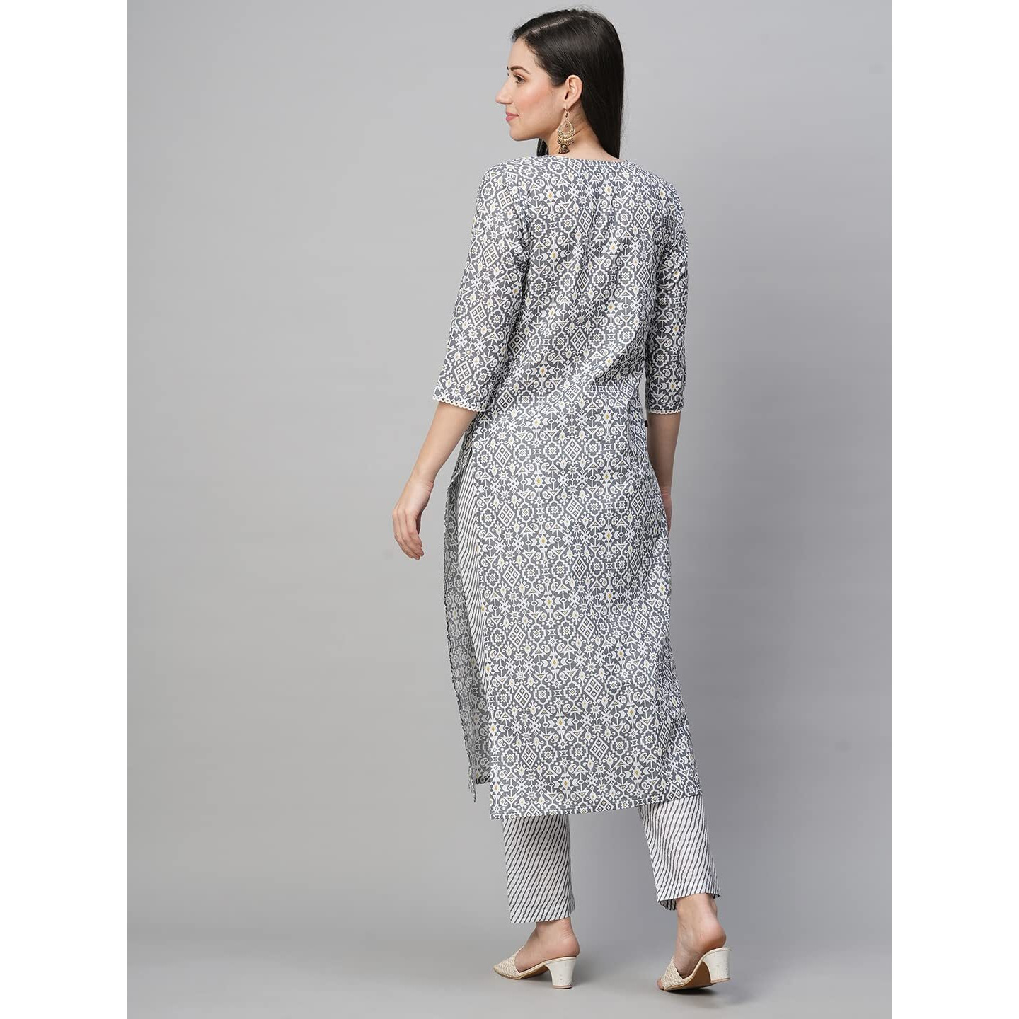 ANNI DESIGNER Women's Cotton Blend Printed Straight Kurta with Pant (Kavi Grey-NwFB08_L_Grey_Large)