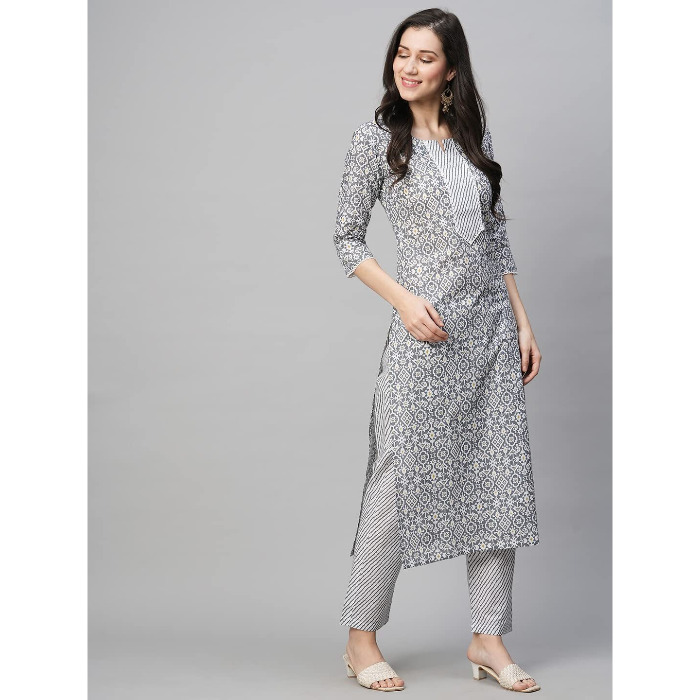 ANNI DESIGNER Women's Cotton Blend Printed Straight Kurta with Pant (Kavi Grey-NwFB08_L_Grey_Large)