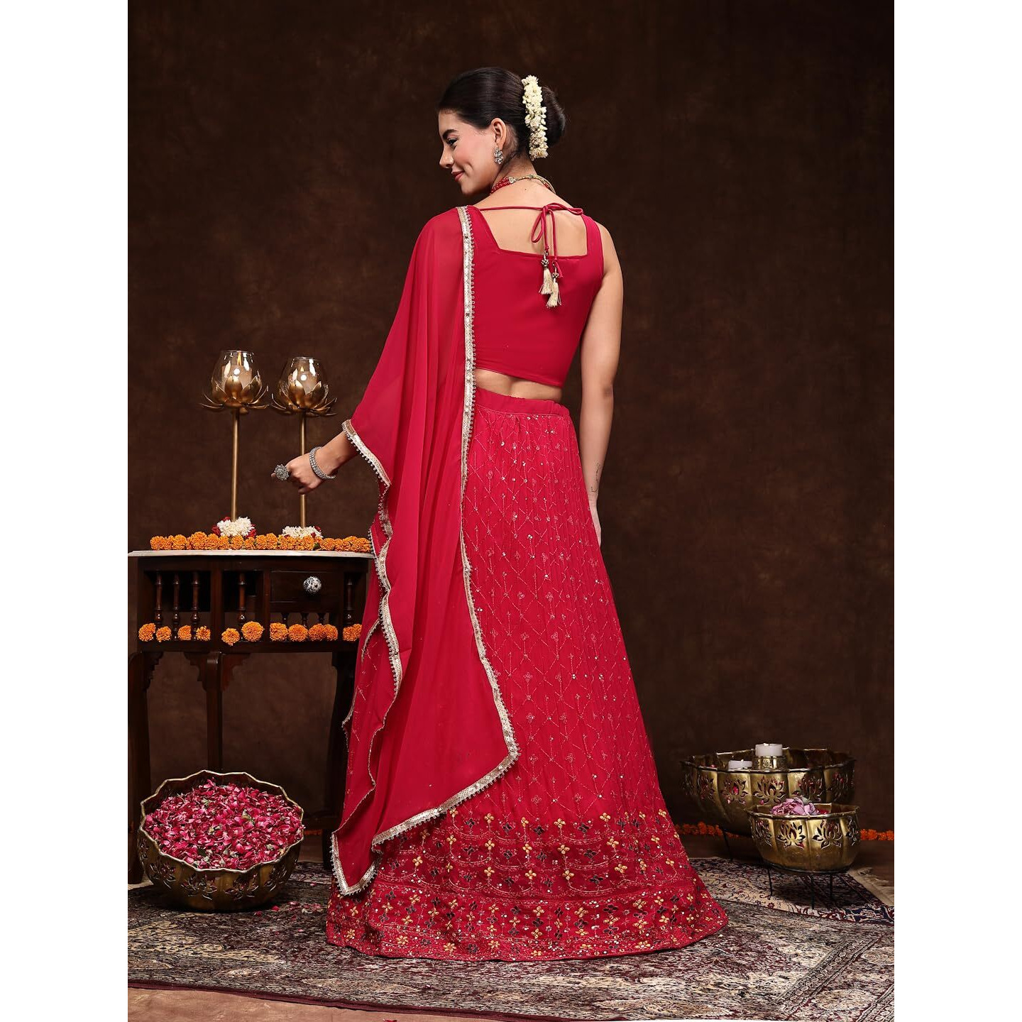 Stylum Women's Embroidered Georgette Lehenga & Blouse with Dupatta (LEHMAGENTAMANNAT42_Magenta, XL)