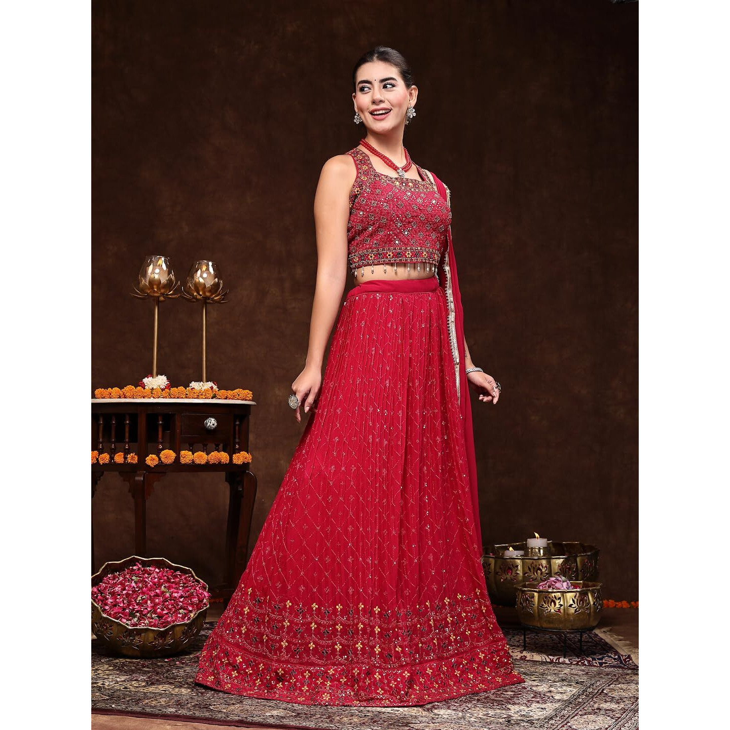 Stylum Women's Embroidered Georgette Lehenga & Blouse with Dupatta (LEHMAGENTAMANNAT42_Magenta, XL)