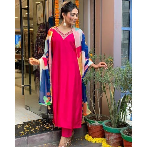 ANNI DESIGNER Women's Cotton Blend Straight Solid Kurta with Pant & Dupatta (Kisori Pink_S_Pink_Small)