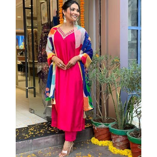 ANNI DESIGNER Women's Cotton Blend Straight Solid Kurta with Pant & Dupatta (Kisori Pink_S_Pink_Small)