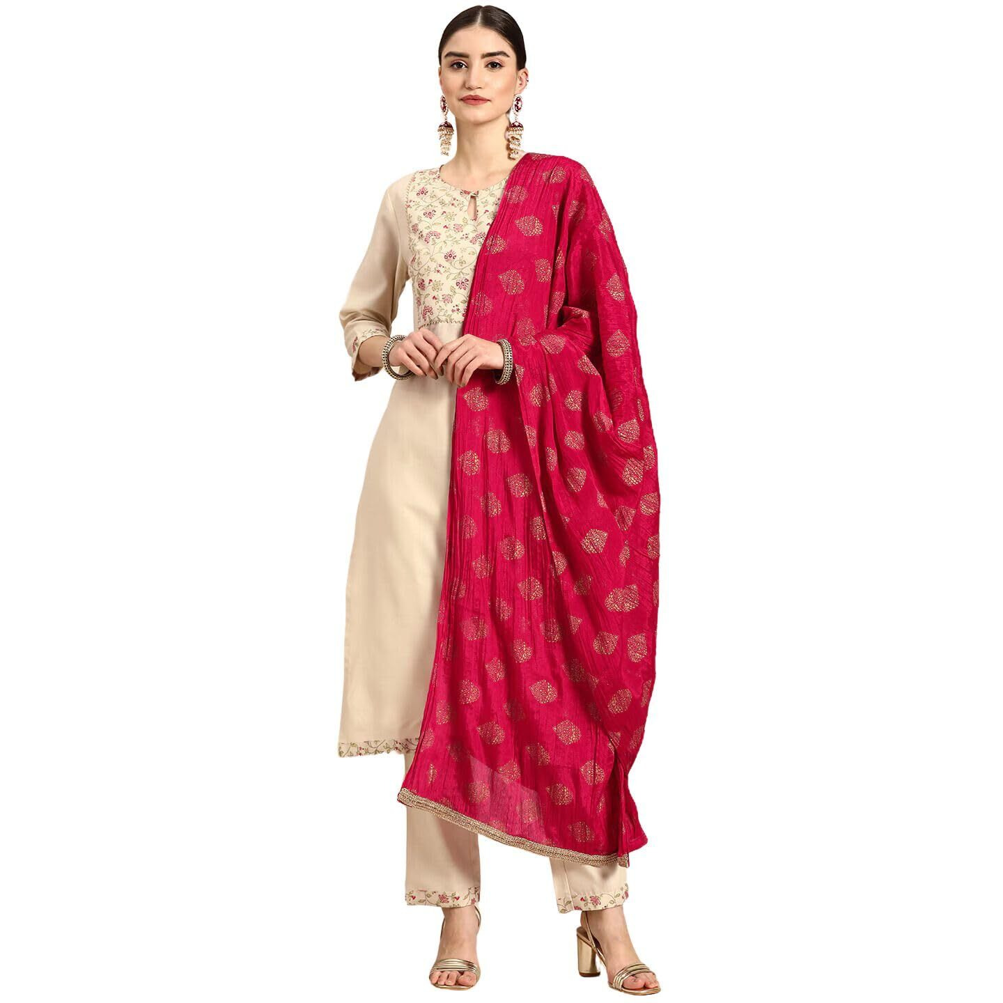rytras Women's Straight Kurta with Pant and Dupatta(RYT516,Cream,XXL)