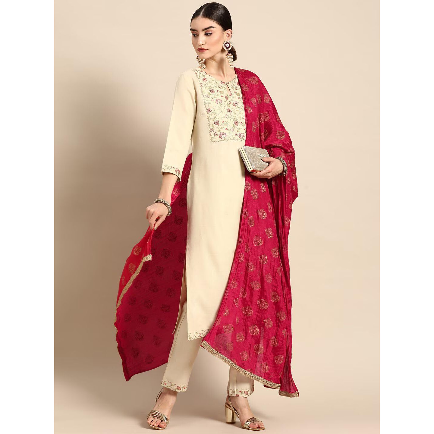 rytras Women's Straight Kurta with Pant and Dupatta(RYT516,Cream,XXL)