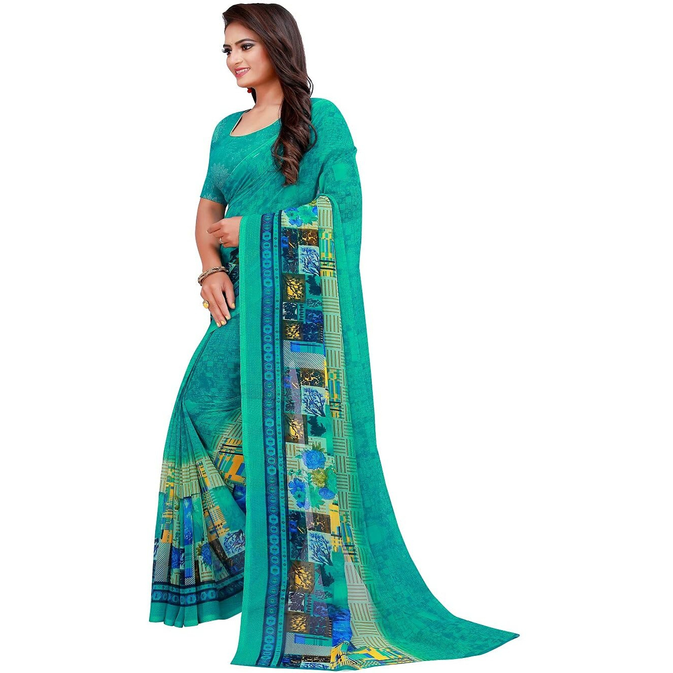 VKARAN Women's Green Georgette Graphic Print Printed Saree With Unstithed Blouse(FL-Georgette07, Free Size)