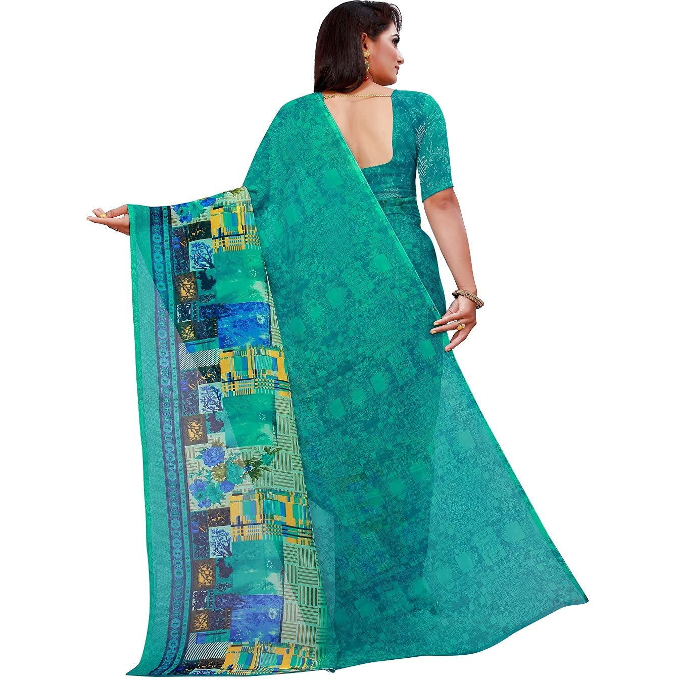VKARAN Women's Green Georgette Graphic Print Printed Saree With Unstithed Blouse(FL-Georgette07, Free Size)